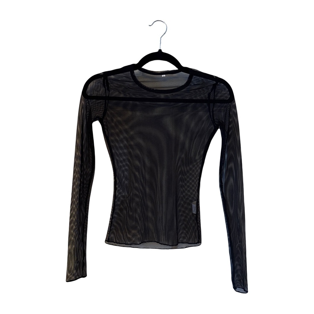 Black Mesh Crew Neck Long Sleeve Top